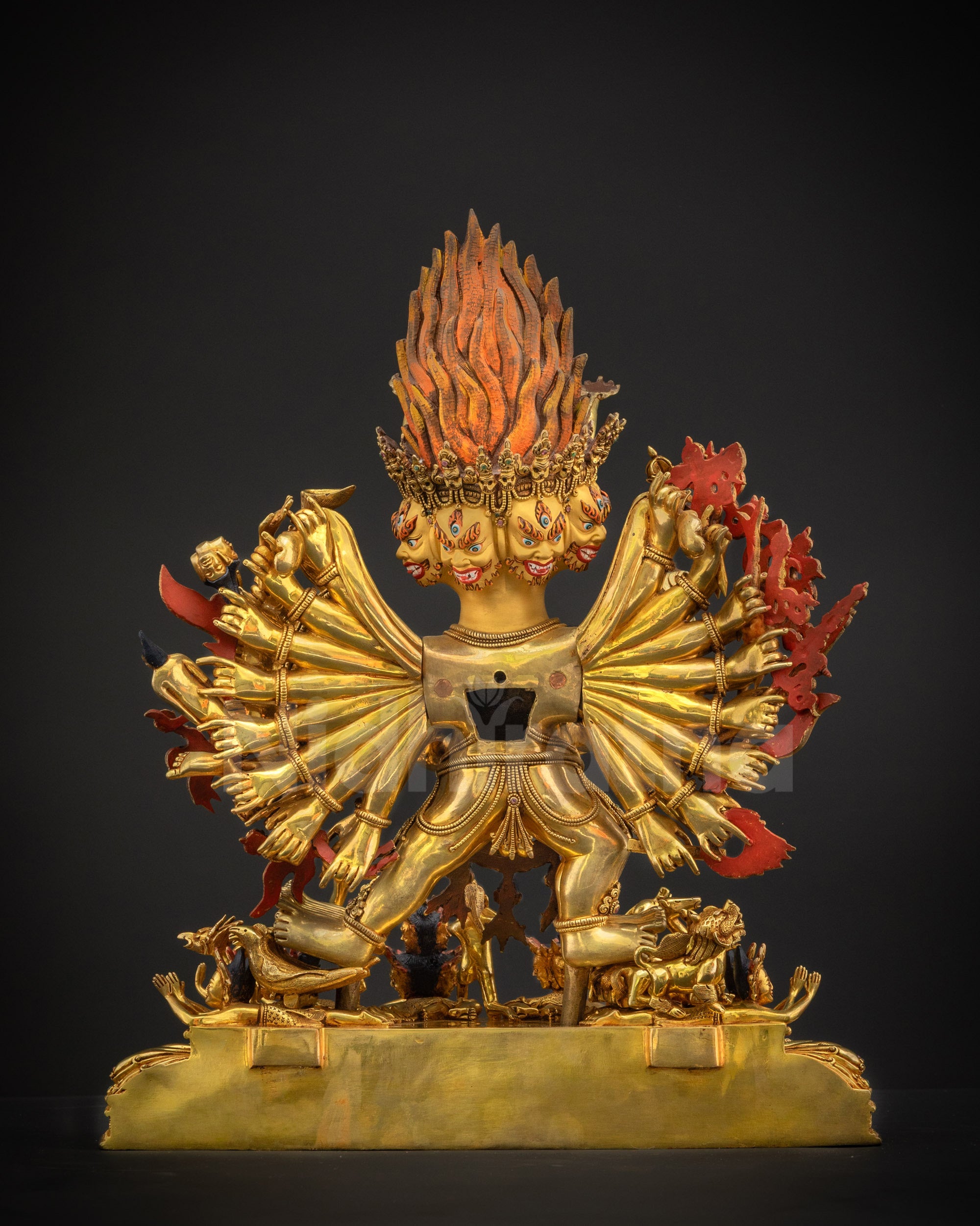 Back view without flaming halo showing base details, lotus seat carvings, and miniature celestial deities