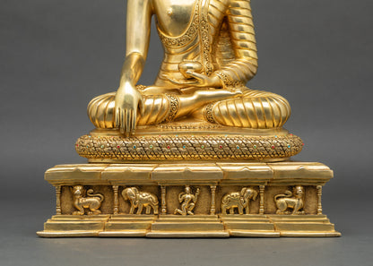 Base view Shakyamuni Buddha statue throne panel carvings elephants lions human figure