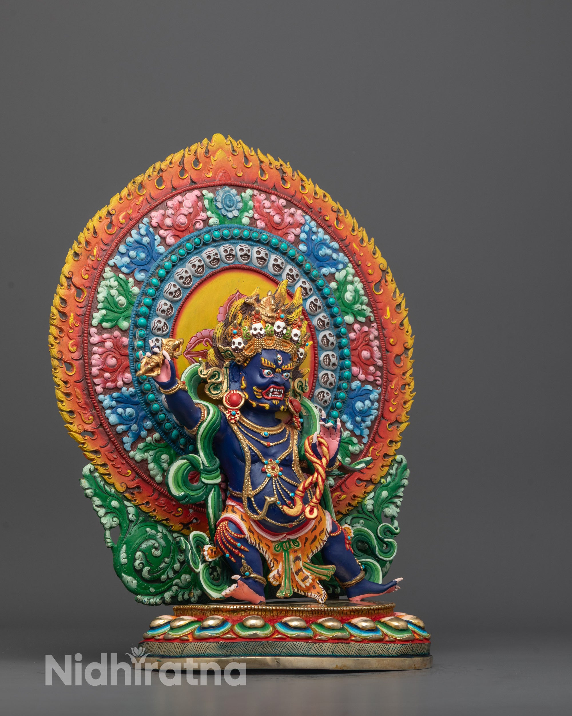 Beautifully Painted Vajrapani Statue with Flaming Halo and Sacred Symbols
