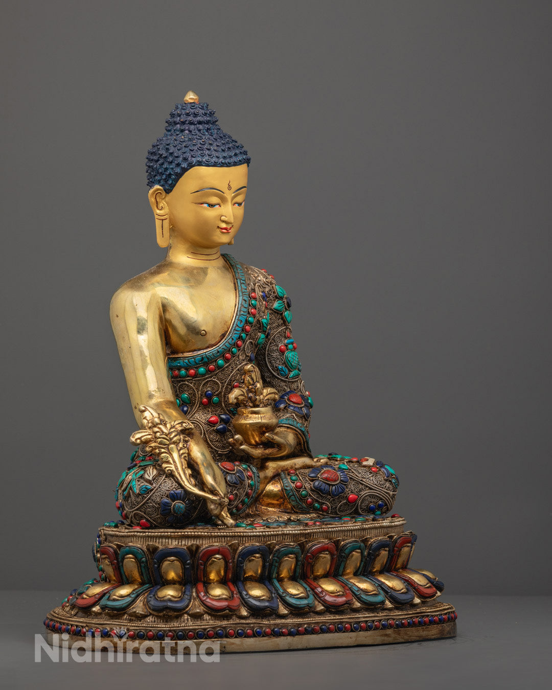 Bhaisajyaguru Sculpture Featuring Intricate Sanghati Robe, Arura Bowl, and Myrobalan Plant