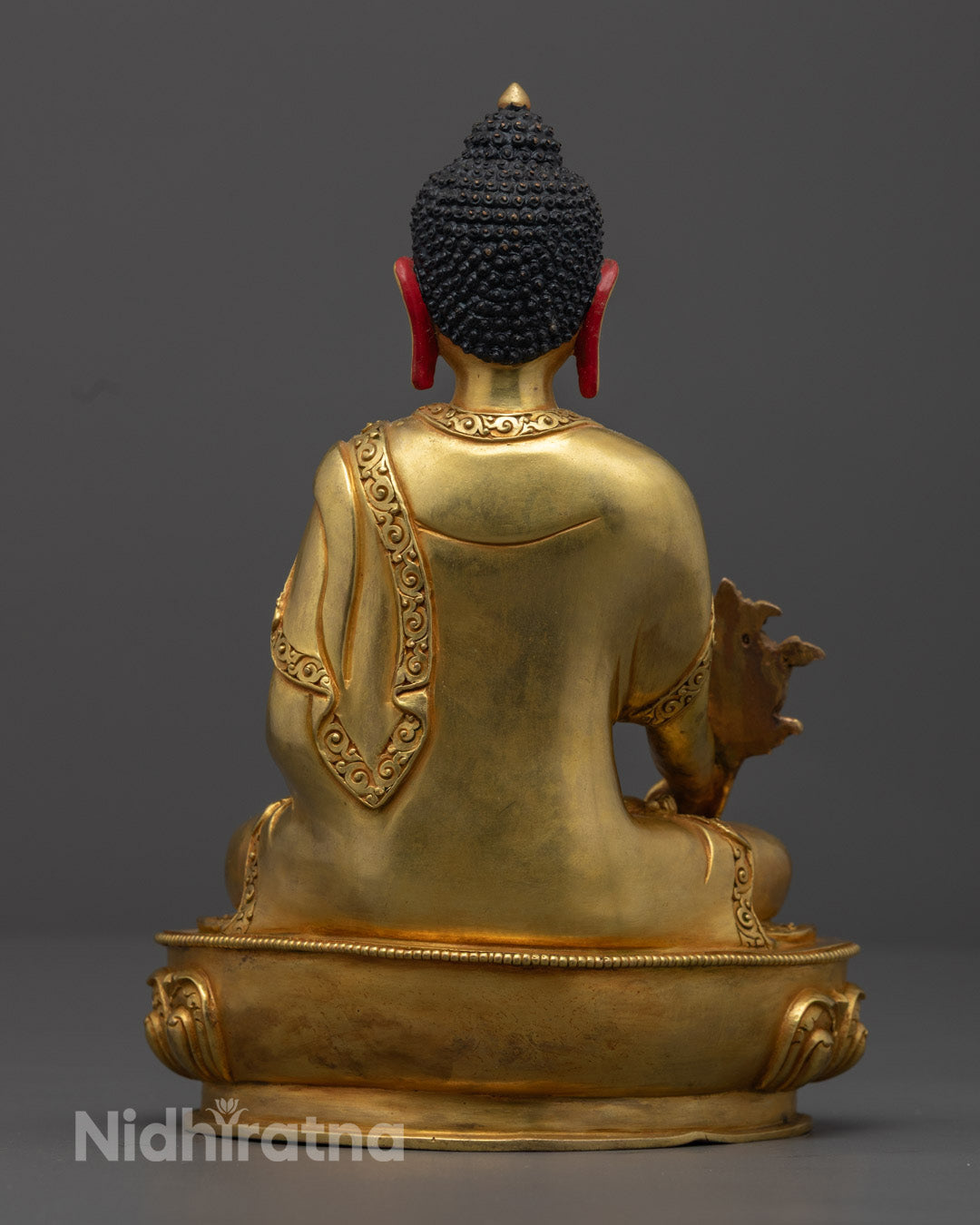  Bhaisajyaguru sculpture highlighting gold-gilded lotus throne and symbolic hand gestures, ideal for sacred spaces and Buddhist altar decor.