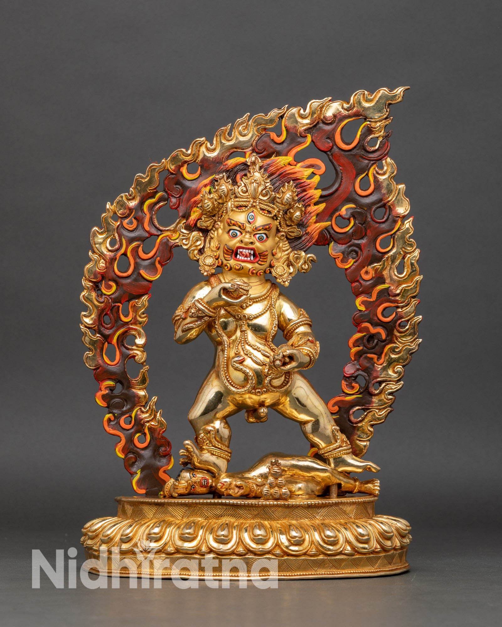 Black-Dzambhala-statue-front-view-Nepalese-handcrafted-deity-of-wealth-copper-gold