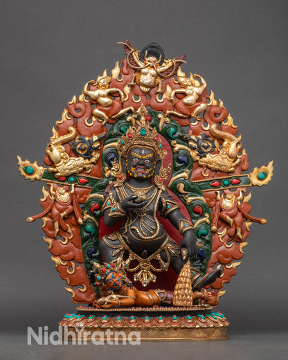 Black Dzambhala statue full view, handcrafted copper with gold-gilded finish