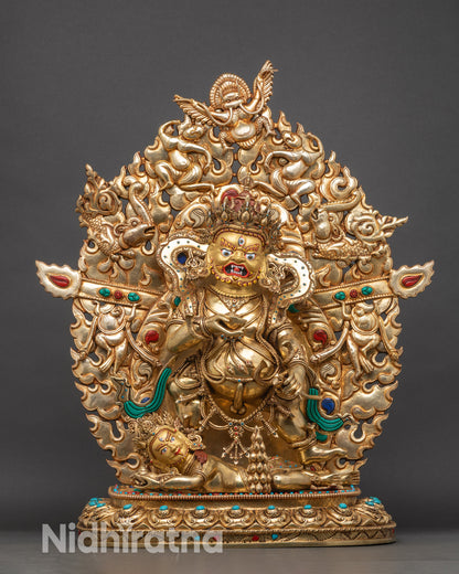 Black Dzambhala statue full view, handcrafted copper with gold fire-gilding