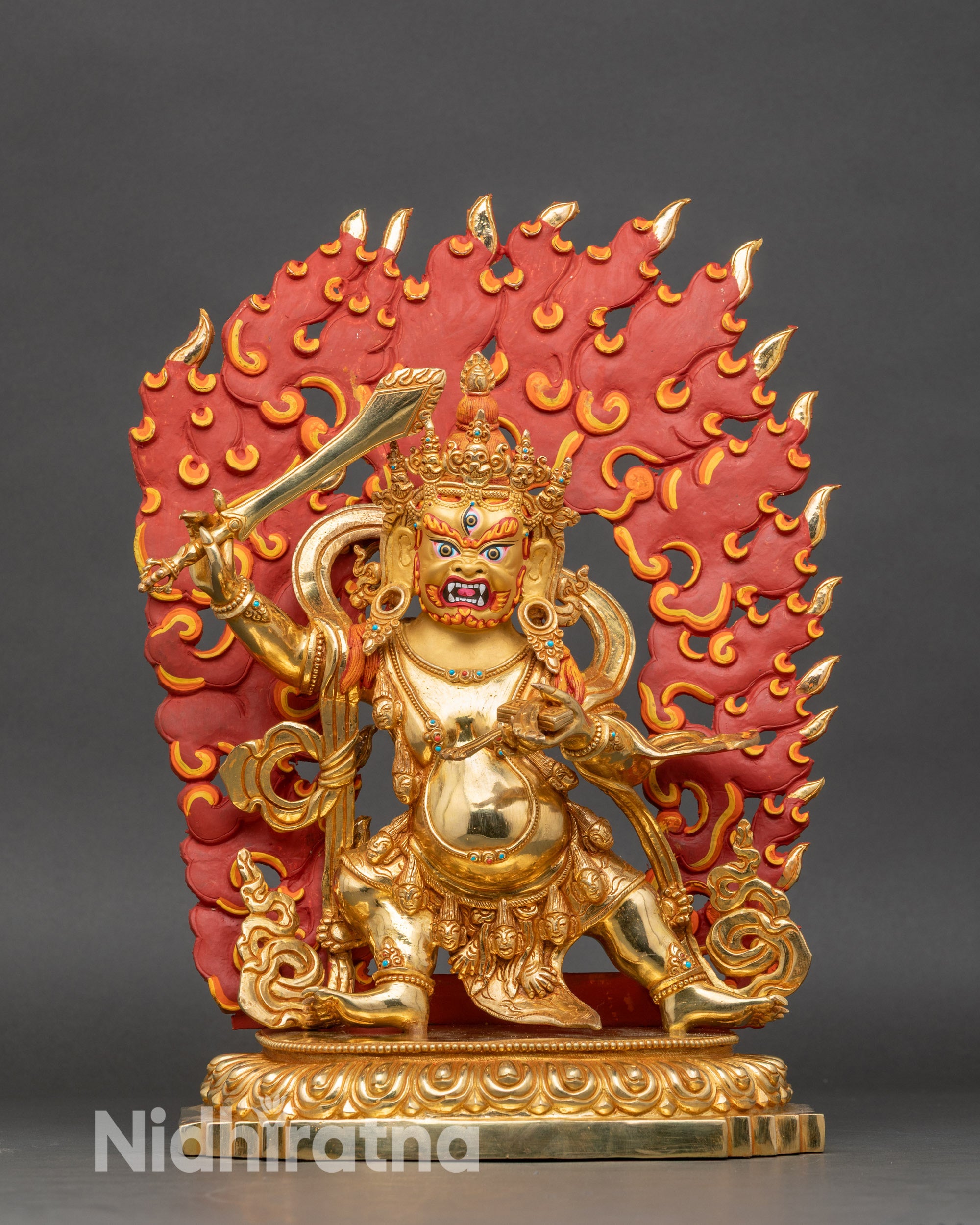 Black Manjushri statue full view on meditation altar, handcrafted Nepalese copper art