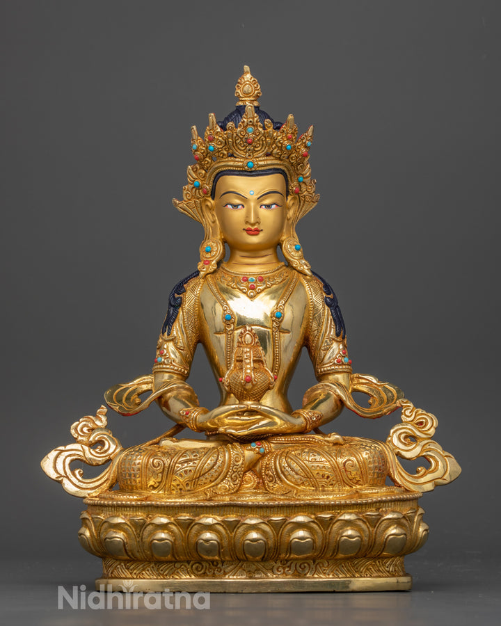 front of gold dilded Bodhisattva Amitayus statue adorned with semi precious gemstones