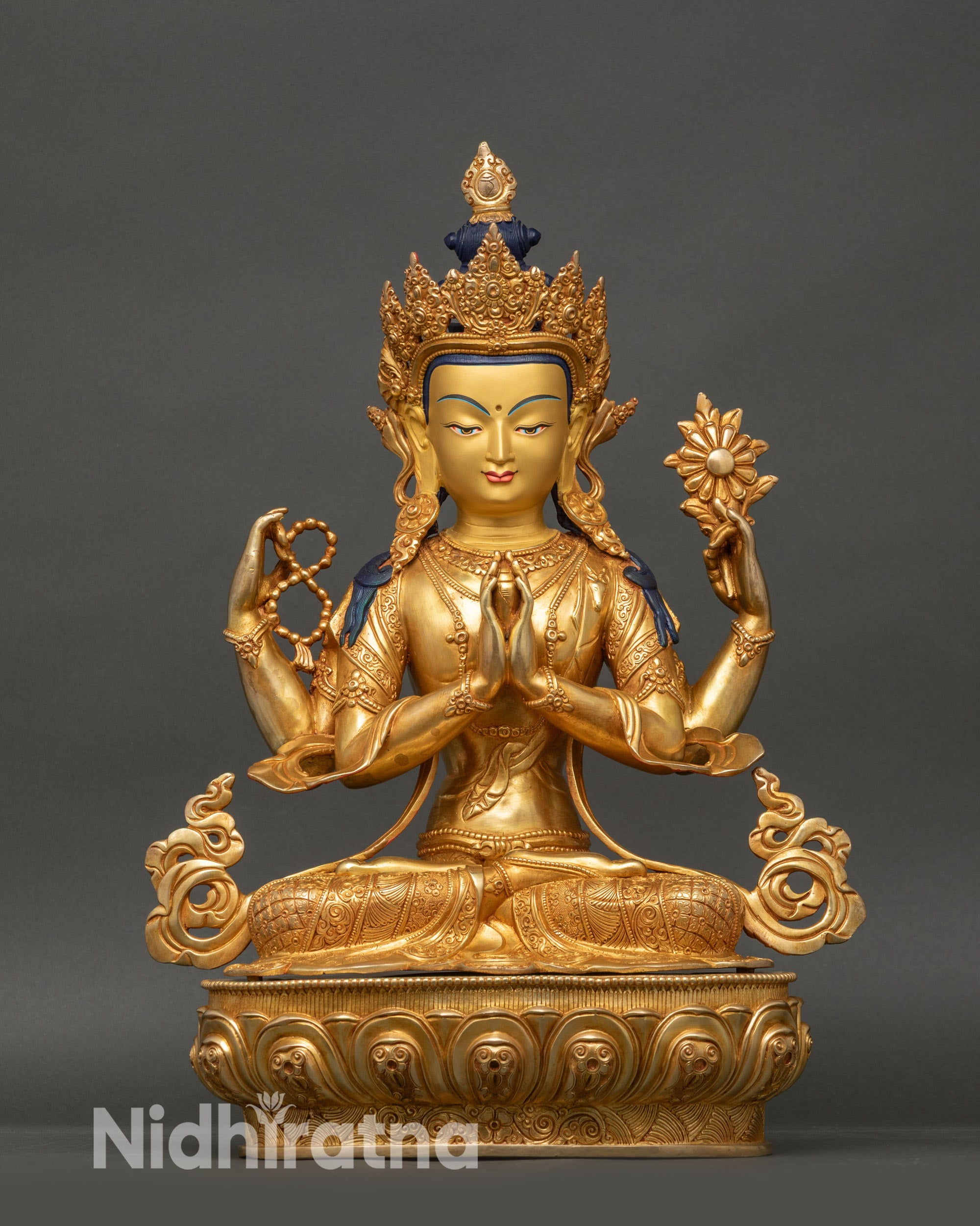 Bodhisattva Chenrezig statue on lotus seat, gold fire-gilded Nepalese copper art