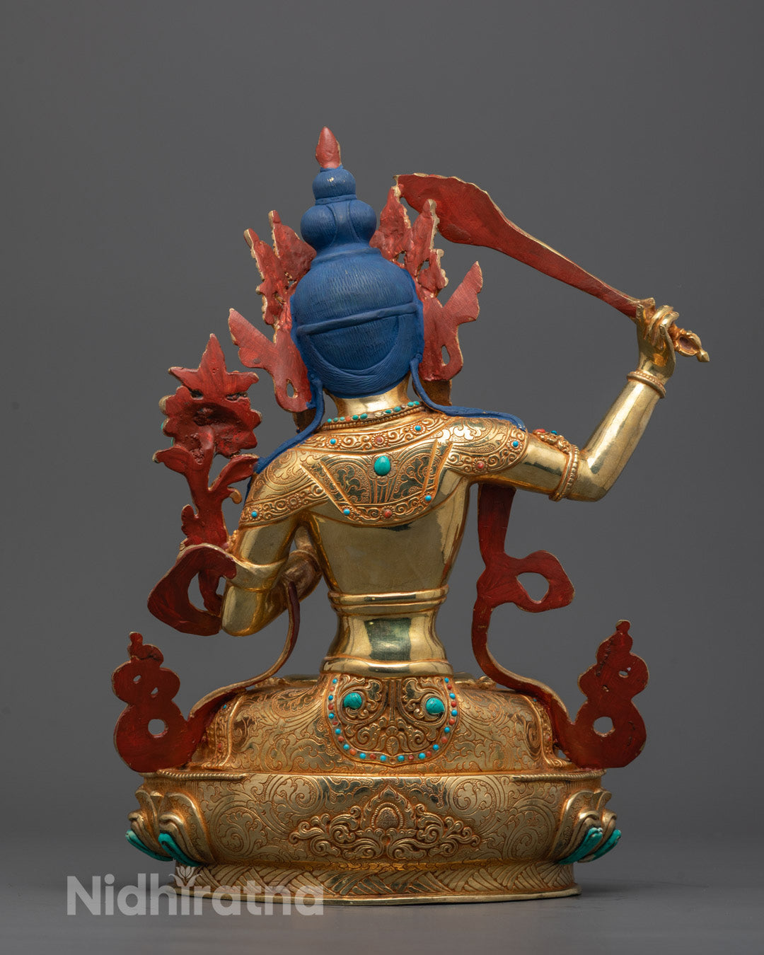 Bodhisattva Manjushri Wenshu Statue back angle intricate halo carvings and flowing robe