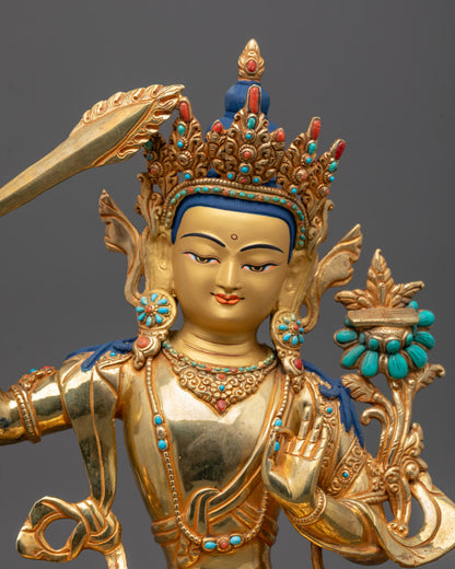 Bodhisattva Manjushri Wenshu Statue closeup angle crown jewelry semi-precious stones