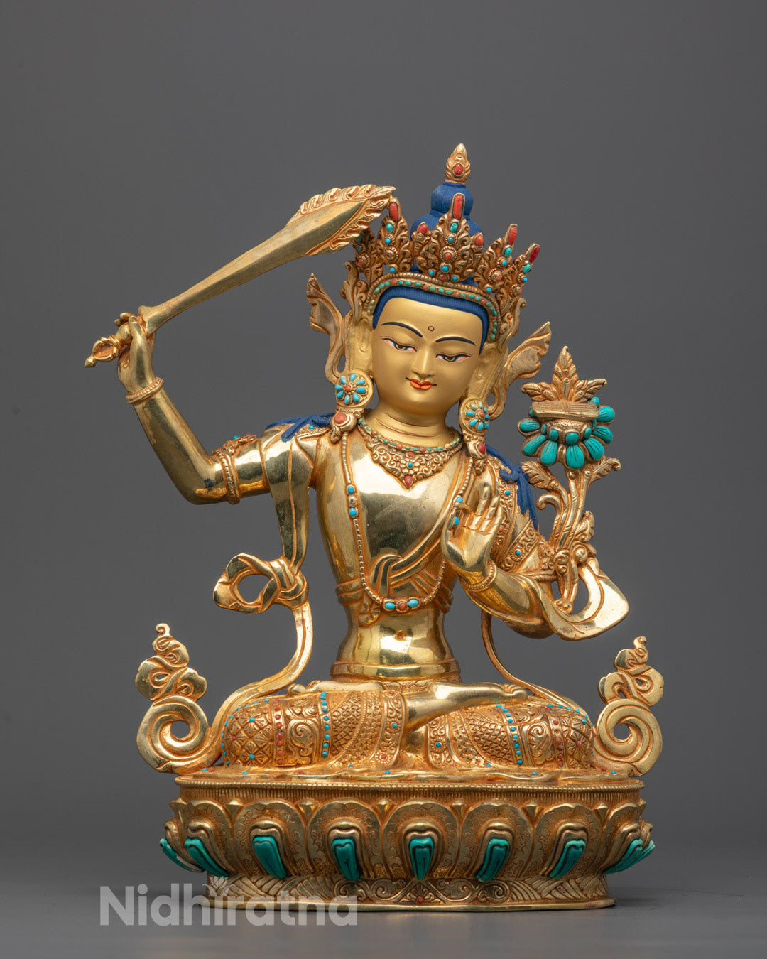 Bodhisattva Manjushri Wenshu Statue front angle gold fire-gilded body and lotus throne