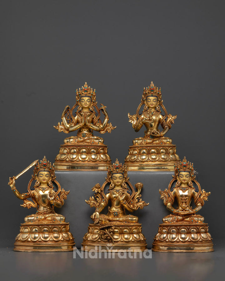 24k Gold Glited Bodhisattva Set Statue | Tibetan Bodhisattva Set Statue | Adorned with Semi-Precious Stones in Bodhisattva set Statue