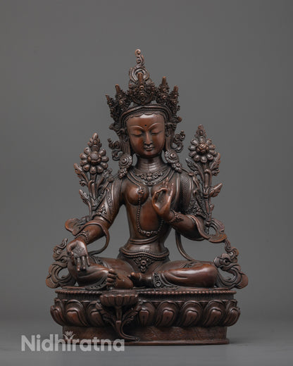 Bring sacred presence with our Oxidized Green Tara statue front view showing intricate details.