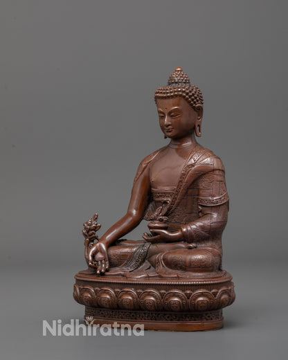 Full view of Medicine Buddha statue placed on meditation altar showcasing intricate lotus base