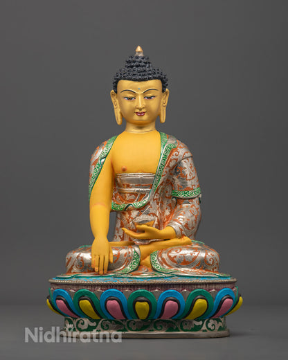 Yellow-Toned Shakyamuni Buddha Statue with Gold-Gilded Face and Intricate Acrylic Detailing