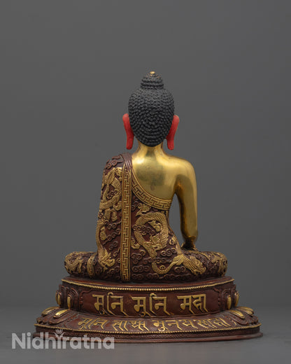 Back view of double-layered lotus seat with hand-carved mantra on Shakyamuni Buddha statue
