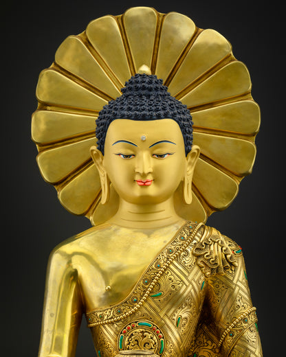 A gold statue of a seated Buddha on a pedestal| Buddha Statue | Shakyamuni Buddha Statue | Buddha Gold Tall Statue |Siddhartha Gautama Buddha Statue | Gautam Buddha Statue