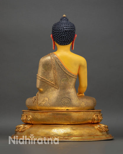Back view of Shakyamuni Buddha statue copper mythical engravings Newari craftsmanship decor