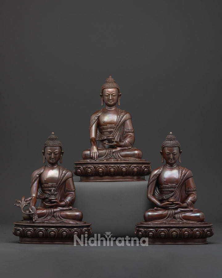 Sacred Trio Buddha Statue Set in Oxidized Copper