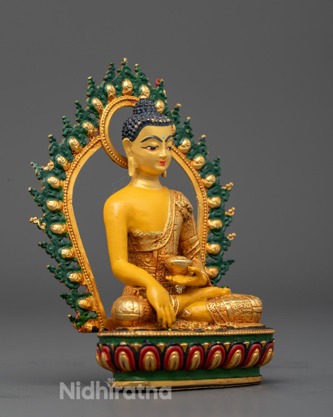 electroplated yellow copper Shakyamuni Buddha holding Patra bowl on lotus throne