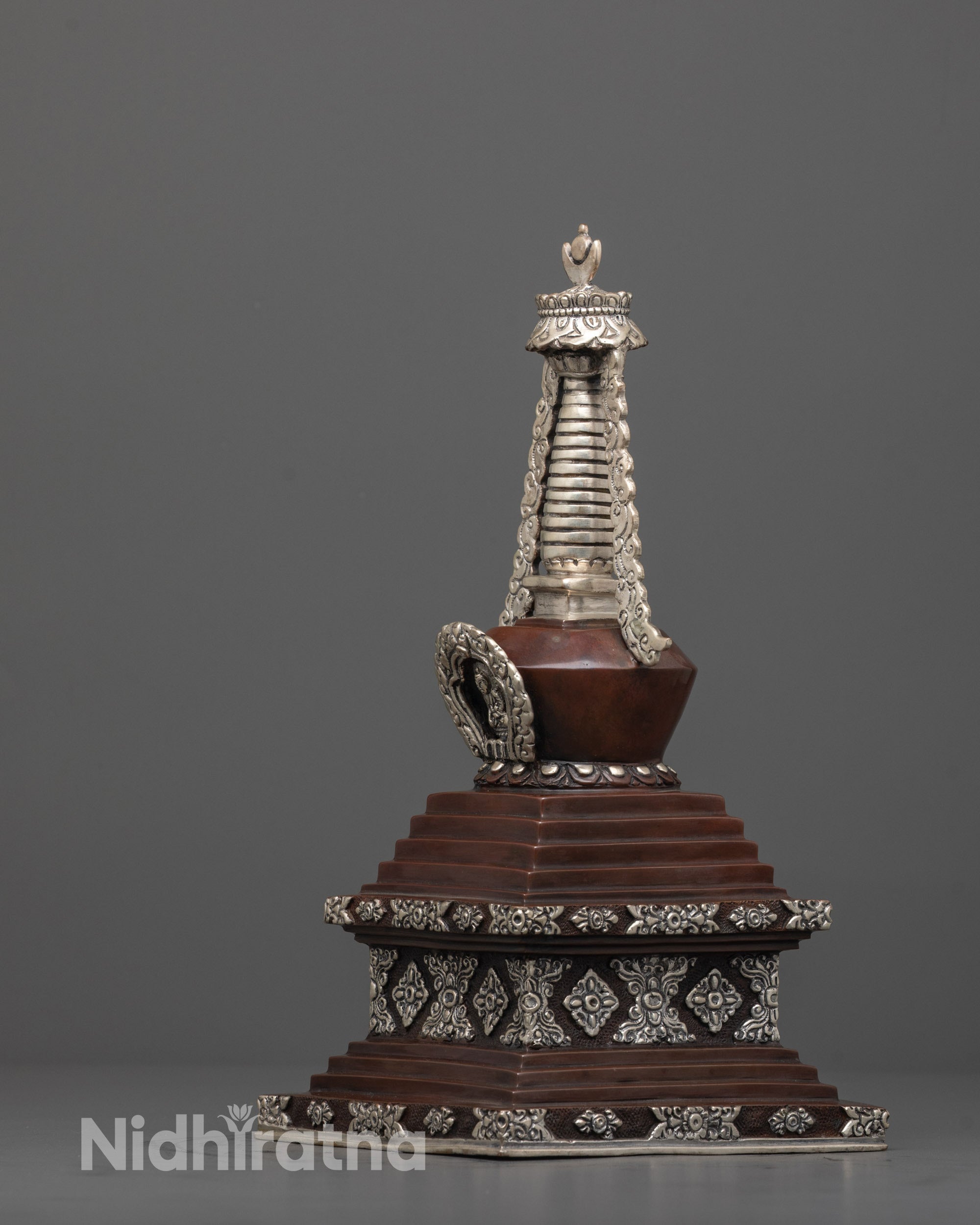 Oxidized Copper Shakyamuni Buddha Stupa | Silver-Plating Finishing