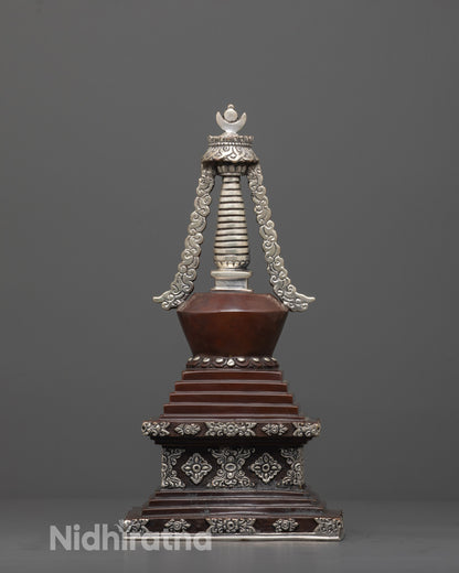 Oxidized Copper Shakyamuni Buddha Stupa | Silver-Plating Finishing