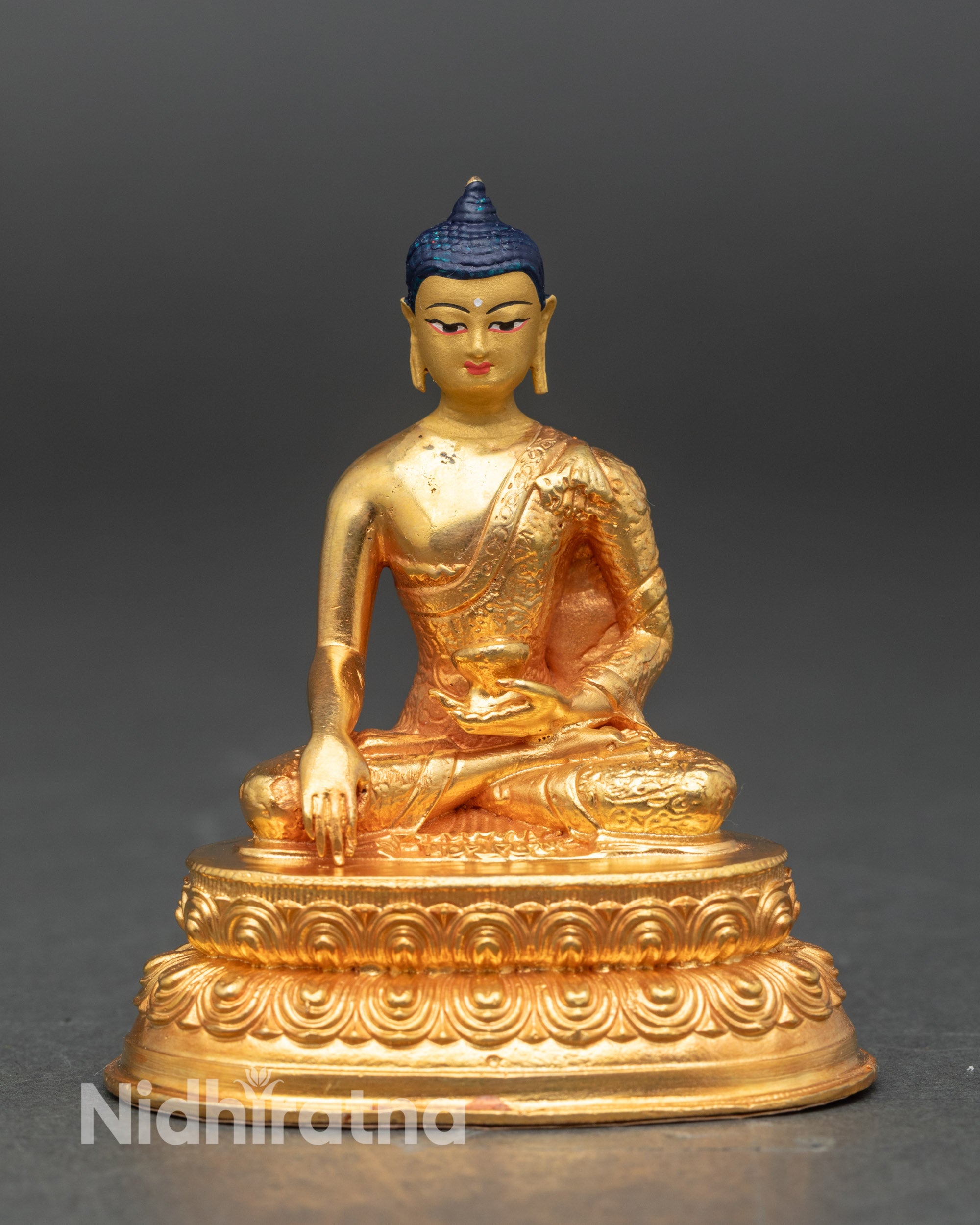 Buddha Altar Statue with 24K gold face and gold fire-gilded body on lotus seat
