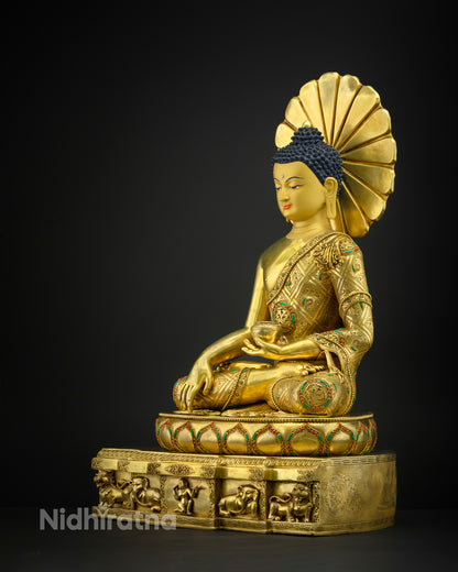 A gold statue of a seated Buddha on a pedestal| Buddha Statue | Shakyamuni Buddha Statue | Buddha Gold Tall Statue |Siddhartha Gautama Buddha Statue | Gautam Buddha Statue
