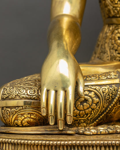 Buddha Shakyamuni Statue Bhumisparsha Mudra on moon disc gold-gilded copper