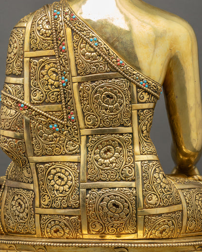 Buddha Shakyamuni Statue detailed robe close up carved floral patterns gold Fire-gilded copper