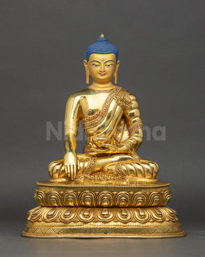 Buddha Shakyamuni Statue front view gold-gilded face copper alloy lotus seat