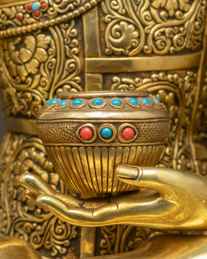 Buddha Shakyamuni Statue holding Alms Bowl adorned with semi-precious stones gold-gilded