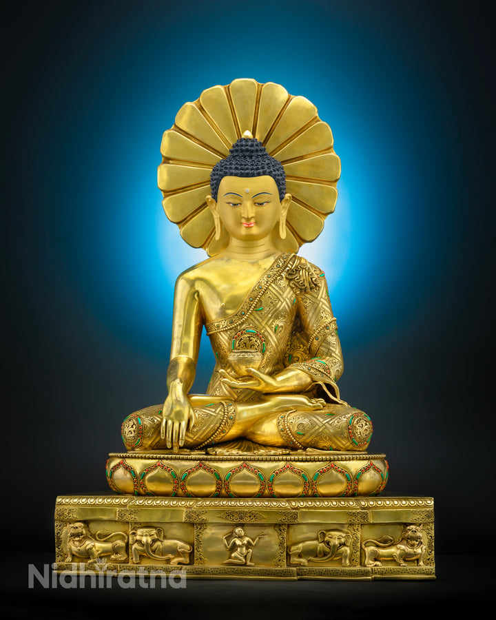 A gold statue of a seated Buddha on a pedestal| Buddha Statue | Shakyamuni Buddha Statue | Buddha Gold Tall Statue |Siddhartha Gautama Buddha Statue | Gautam Buddha Statue