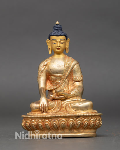 Buddha Shakyamuni statue, handcrafted Nepalese copper with 24K gold face on lotus throne