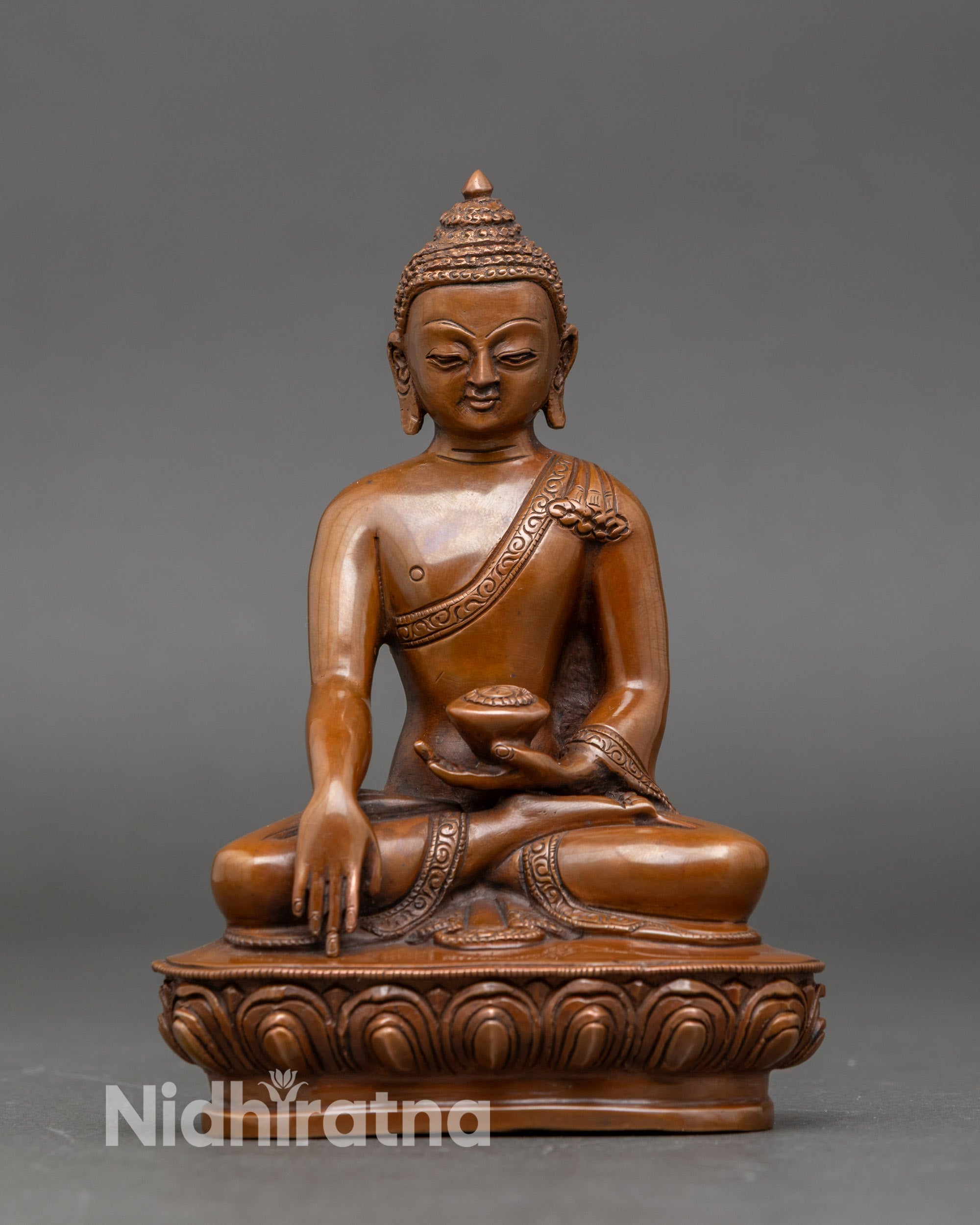 Buddha Shakyamuni statue seated on lotus throne, handcrafted by Newari artisan from Nepal