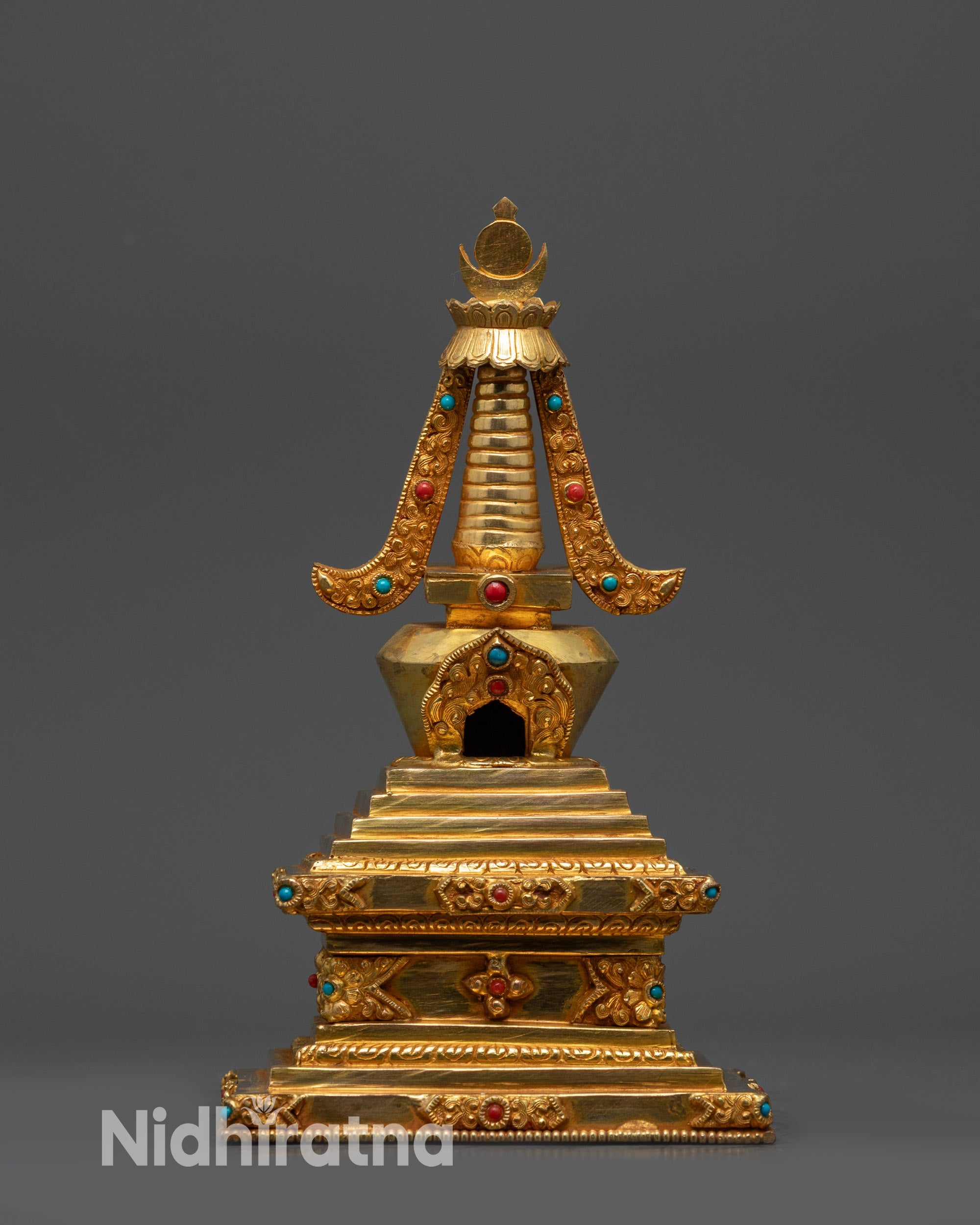 Buddha Stupa, gold-plated copper with semi-precious stones, handmade Nepal