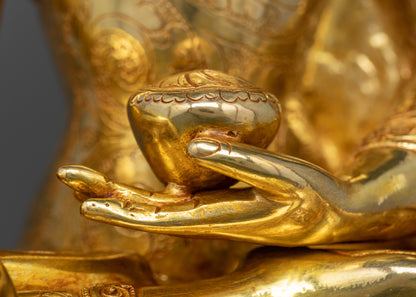 Buddha’s right hand earth-touching mudra and left holding patra bowl, sacred sculpture