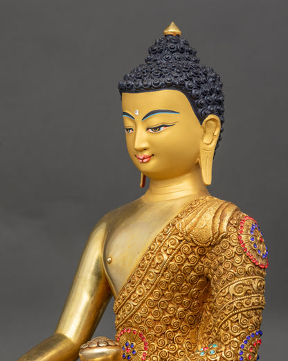 Buddha side close up intricate robes 3D floral carvings Nepalese art