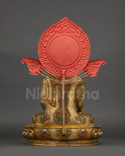 Buddha statue back view copper gold-gilded with floral halo intricate carvings Nepal