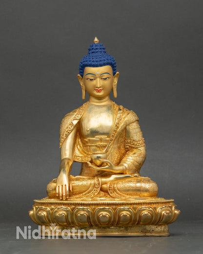 Buddha statue seated on lotus throne, handcrafted Nepalese copper with 24K gilding
