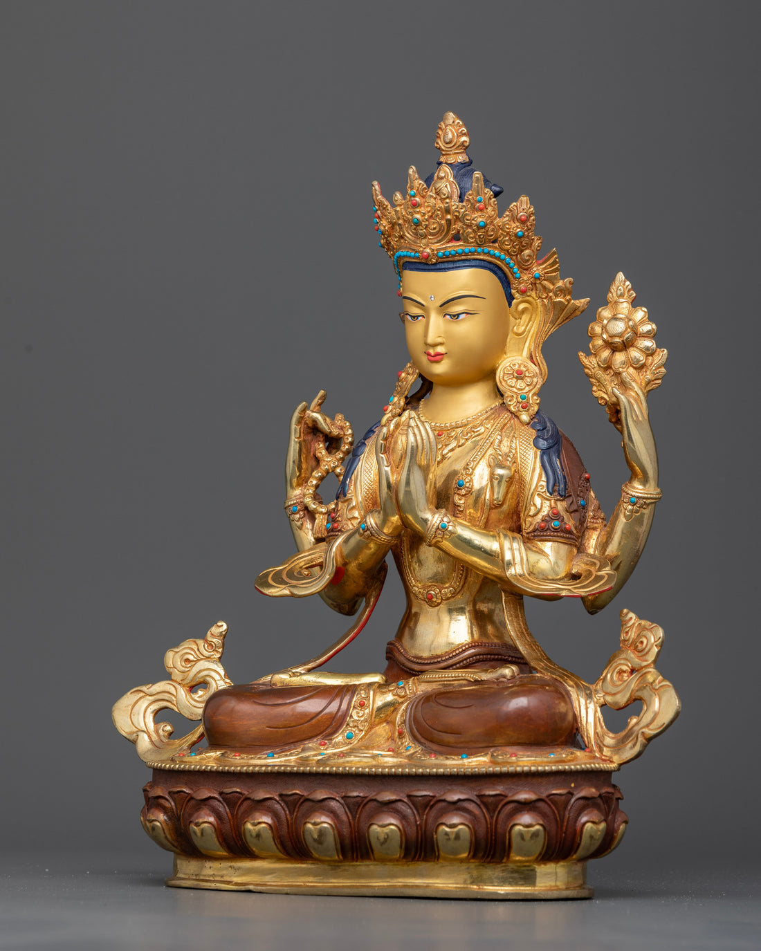 Half Gold, Half Oxidized Copper Chenrezig Statue