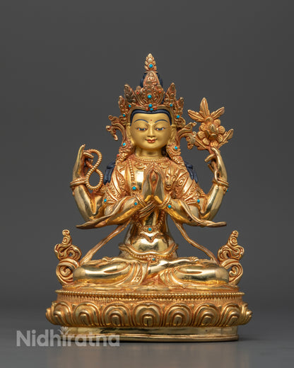 Tibetan Chenrezig Shadakshari Lokeshvara Statue 8.8"