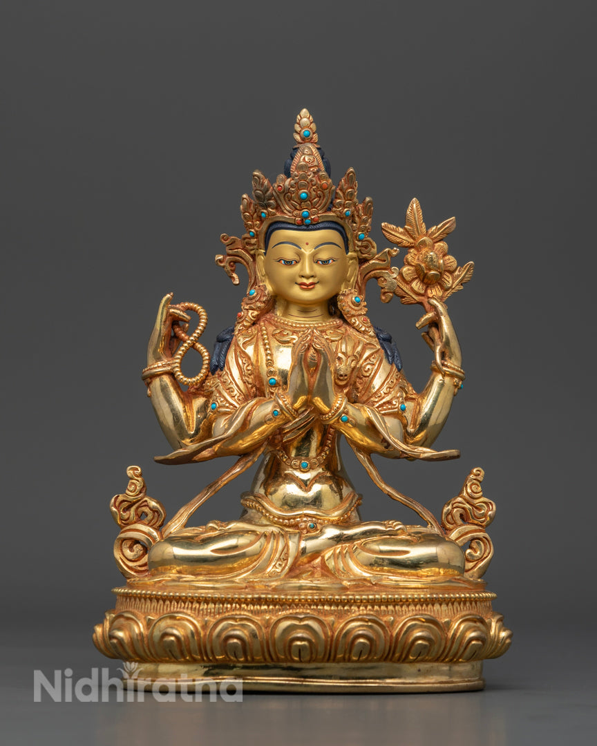 Tibetan Chenrezig Shadakshari Lokeshvara Statue 8.8"