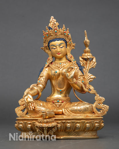 Central Green Tara statue with gold-painted face, 35cm tall, on carved lotus seat