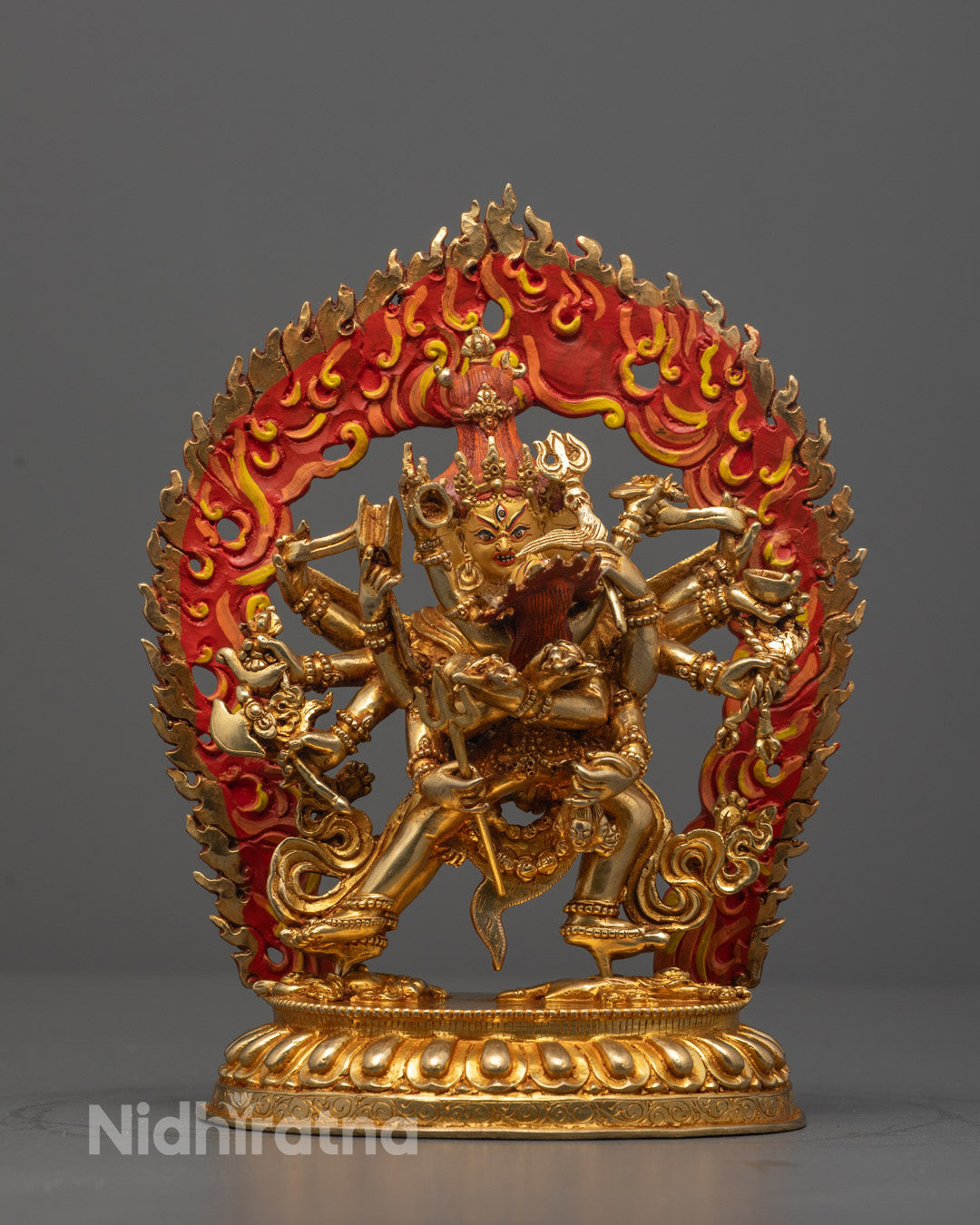 Front view of Chakrasamvara with Vajravarahi Consort Statue, gold-gilded Tantric deity