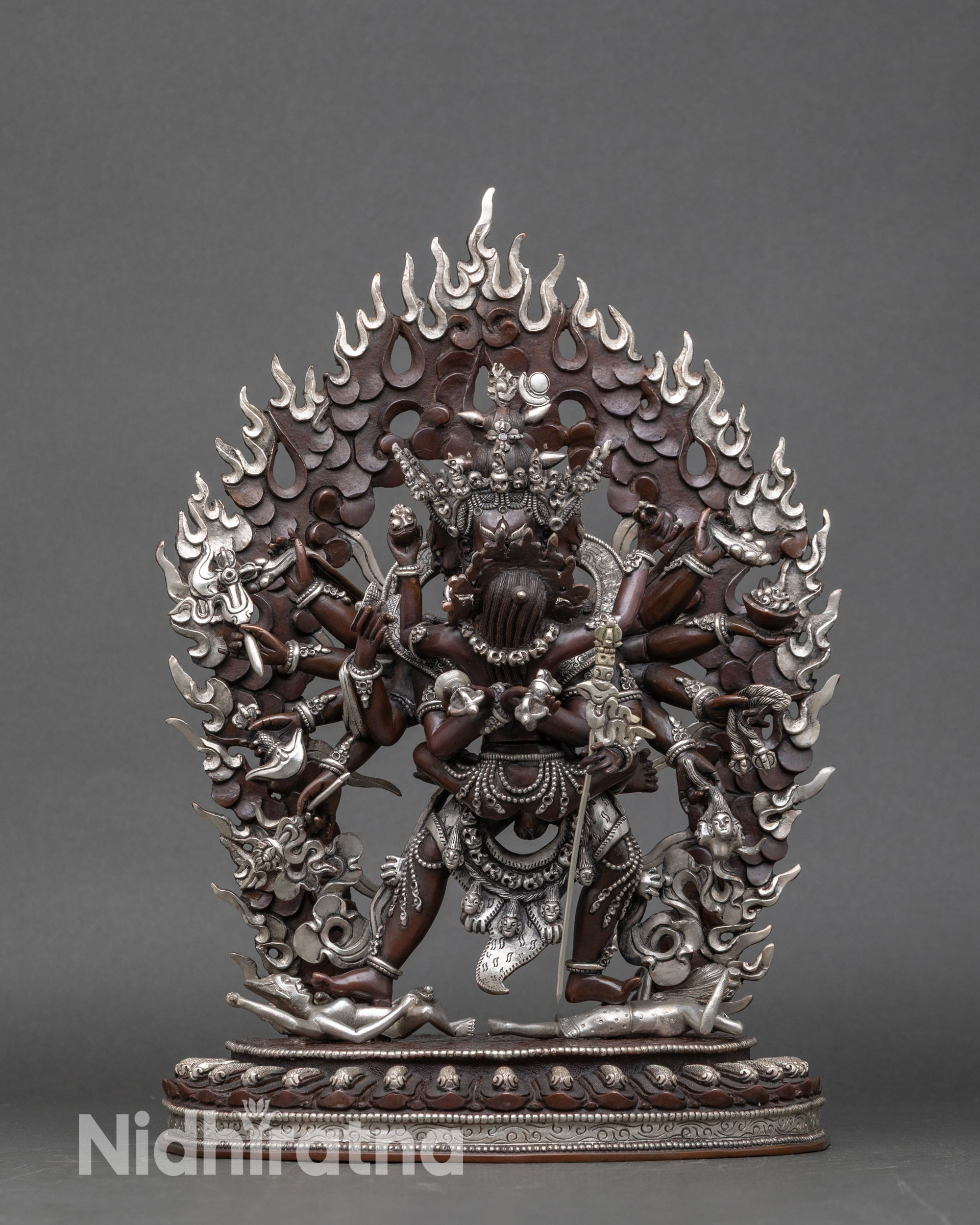 Chakrasamvara in union with Vajravarahi, lotus seat, blazing halo, tantric Nepalese art