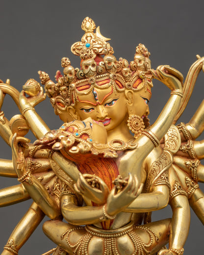 Chakrasamvara statue close up showing Vajravarahi and gold fire-gilded body