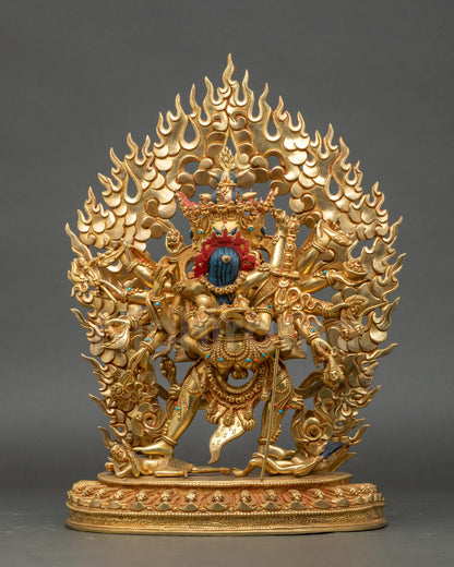 Chakrasamvara statue full view standing on lotus seat with consort and tantric attributes