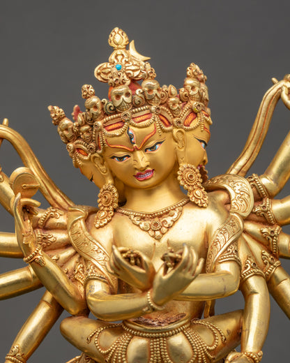 Chakrasamvara three-faced statue detailed close up face with crown