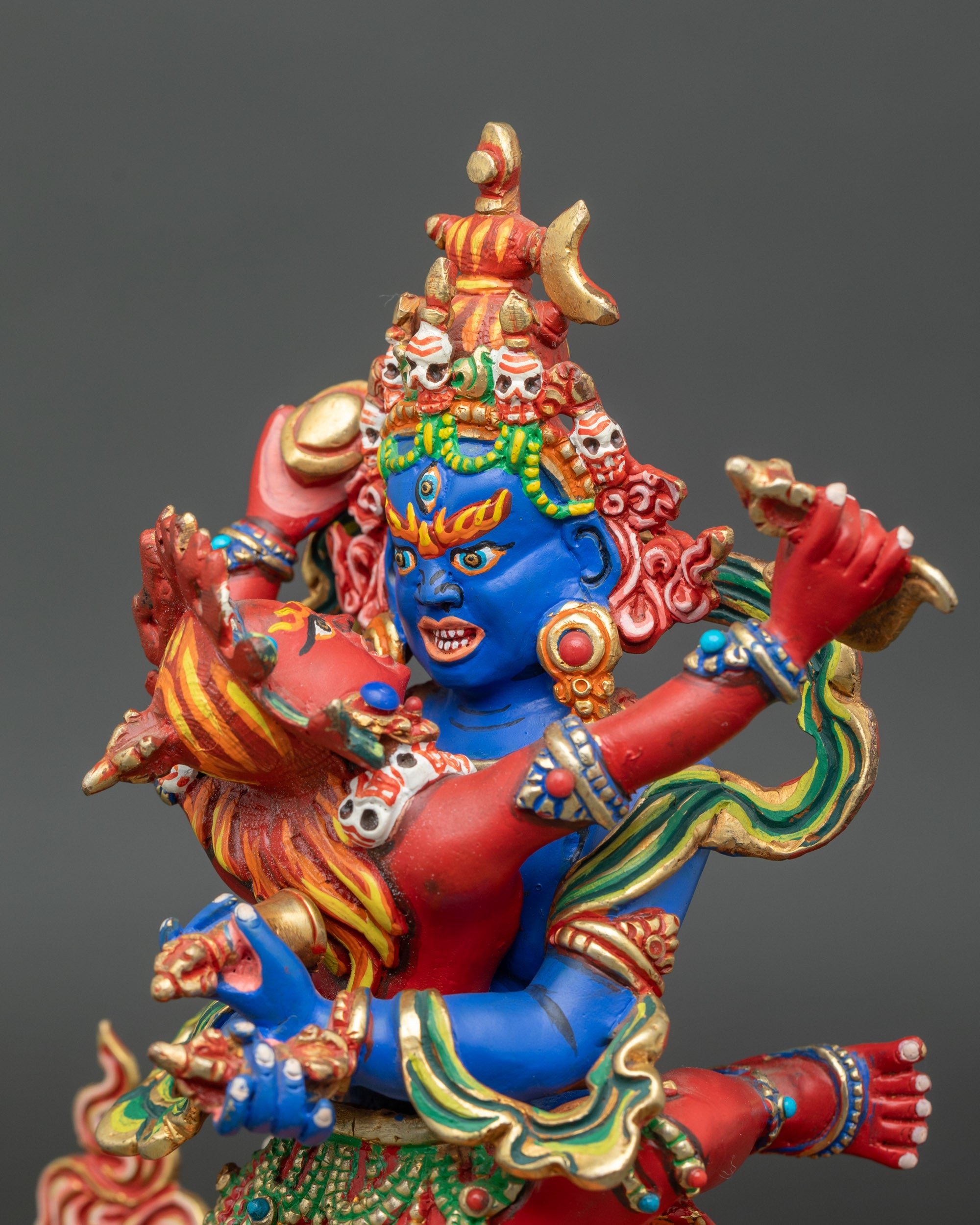 Chakrasamvara with consort Vajravarahi subduing two deities, handcrafted in Nepal