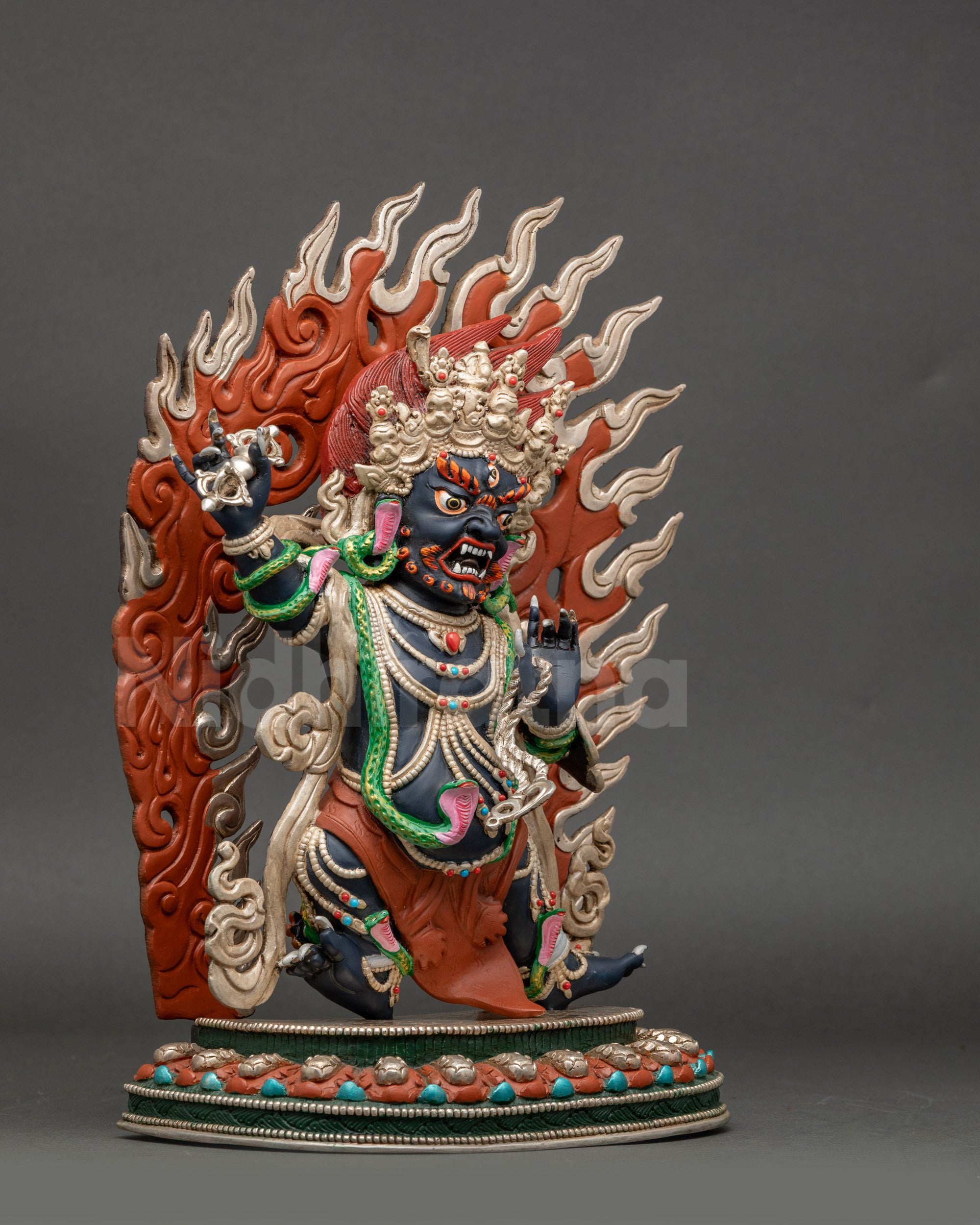 Chana Dorje Statue right side view holding vajra and lasso standing on lotus